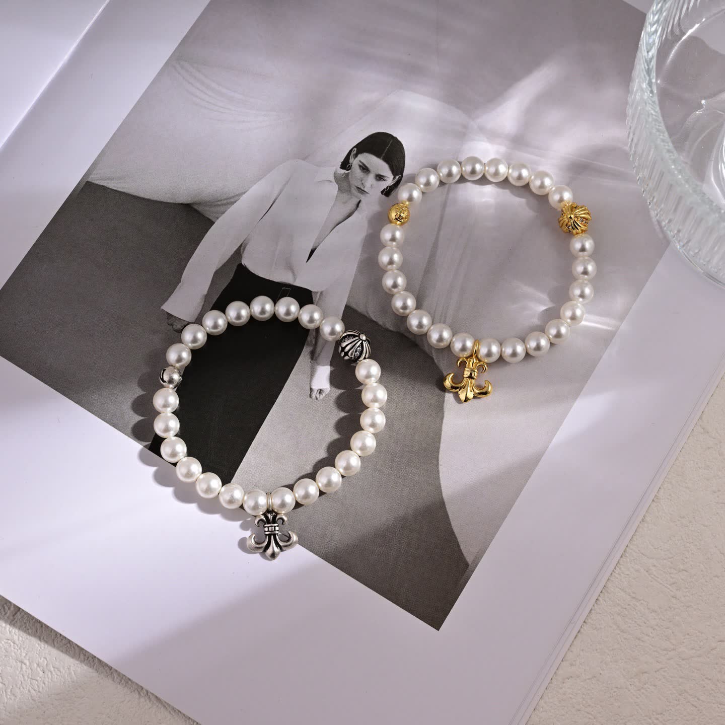 Chrome Hearts Elegant Pearl Bracelets with Gold and Silver Charms Chrome Hearts Elegant Pearl Bracelets with Gold and Silver Charms